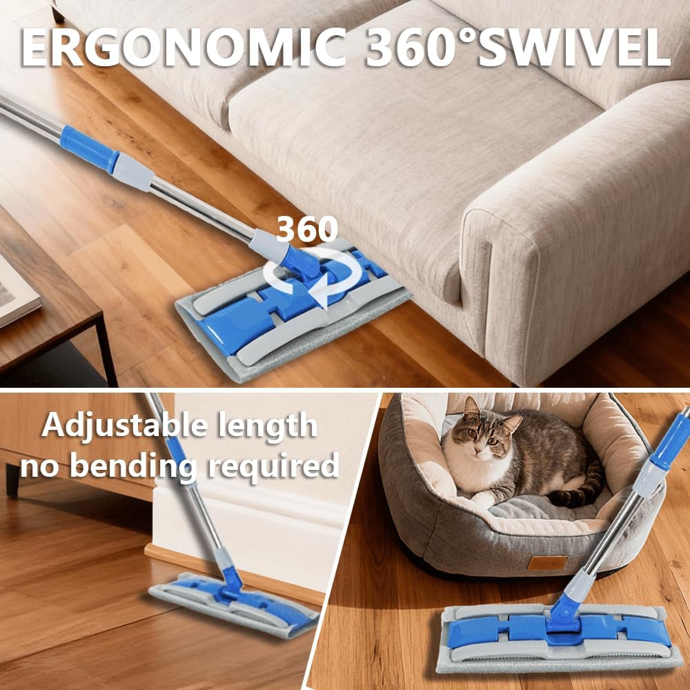 Electrostatic Dust Clip-On Mop for Pet Hair, 57" Adjustable Long Handle, 360° Rotating Head, 2 Reusable Static Cloths, 2 Microfiber Cloths & 1 Scraper, Ideal for Pet Loose Hair & Daily Dust Cleaning