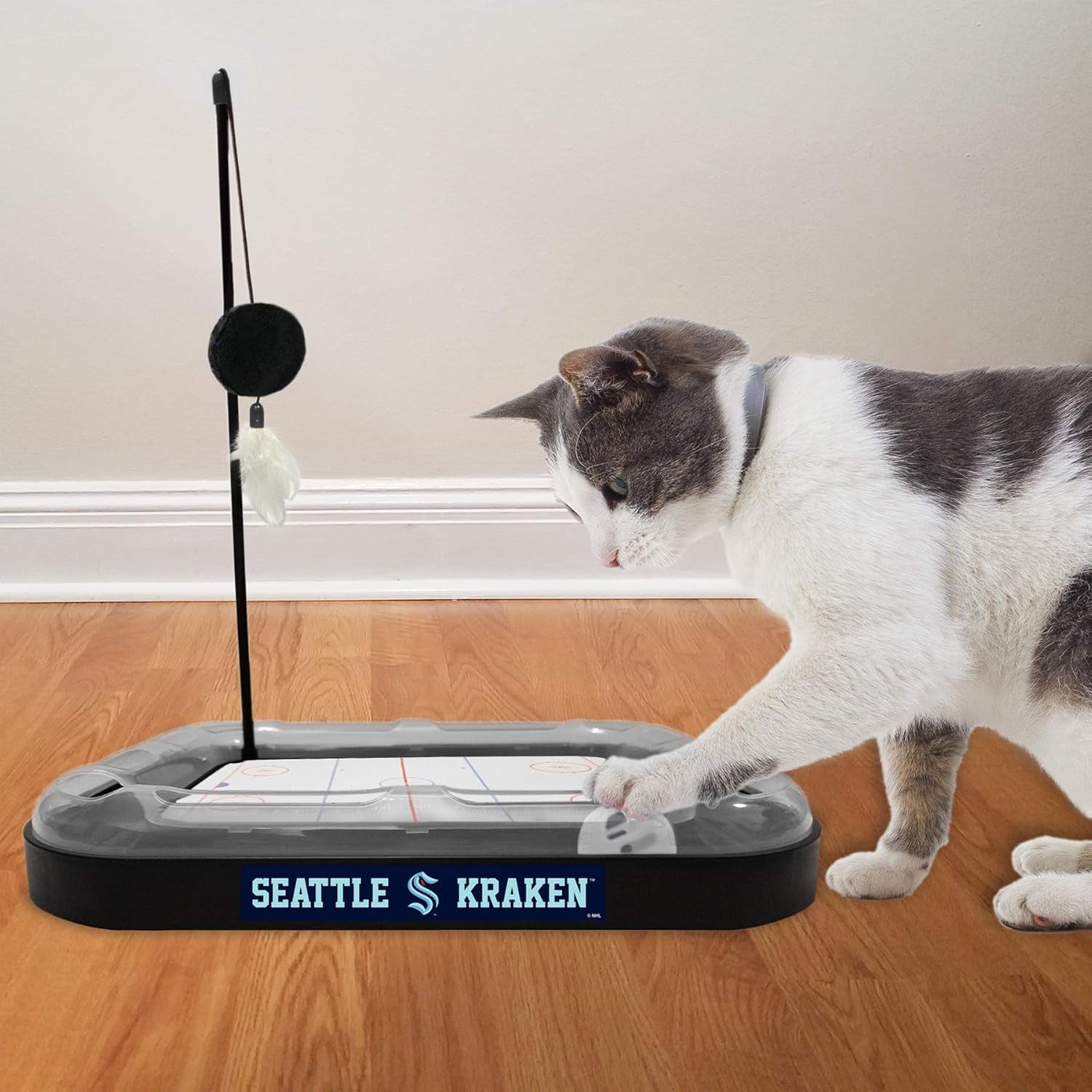 Cat Scratching Toy Hockey Field ICE HOCKEY RINK Cat Scratcher Toy with Interactive Cat Ball Bell in Tracks. 5-In-1 CAT TOY: Cat Wand Poll, CATNIP FILLED Plush Hockey Puck & Feathers