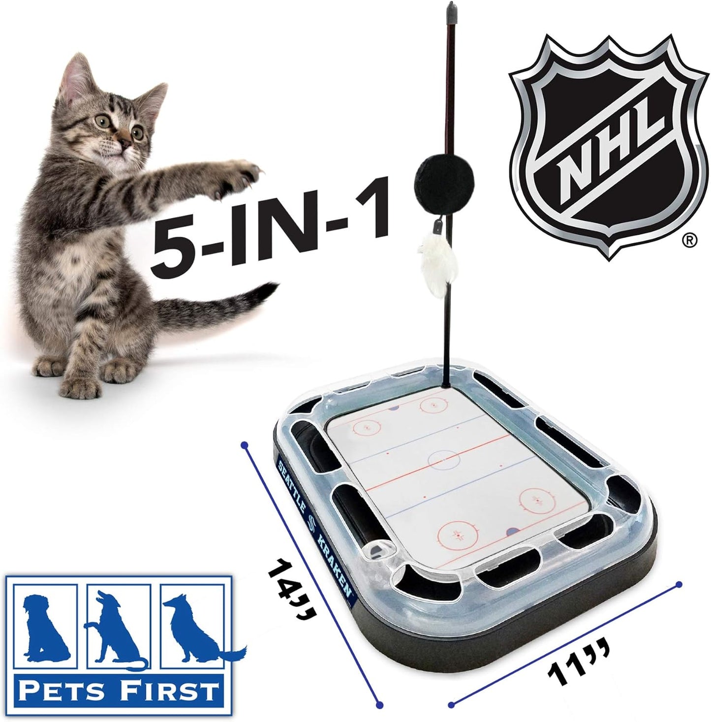 Cat Scratching Toy Hockey Field ICE HOCKEY RINK Cat Scratcher Toy with Interactive Cat Ball Bell in Tracks. 5-In-1 CAT TOY: Cat Wand Poll, CATNIP FILLED Plush Hockey Puck & Feathers