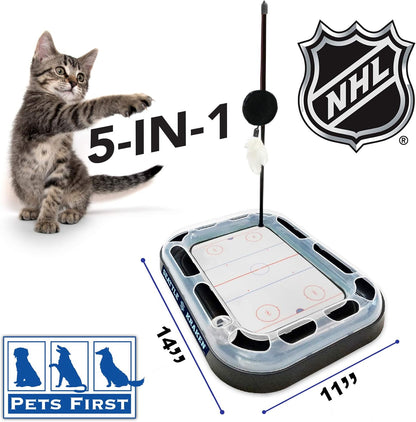 Cat Scratching Toy Hockey Field ICE HOCKEY RINK Cat Scratcher Toy with Interactive Cat Ball Bell in Tracks. 5-In-1 CAT TOY: Cat Wand Poll, CATNIP FILLED Plush Hockey Puck & Feathers