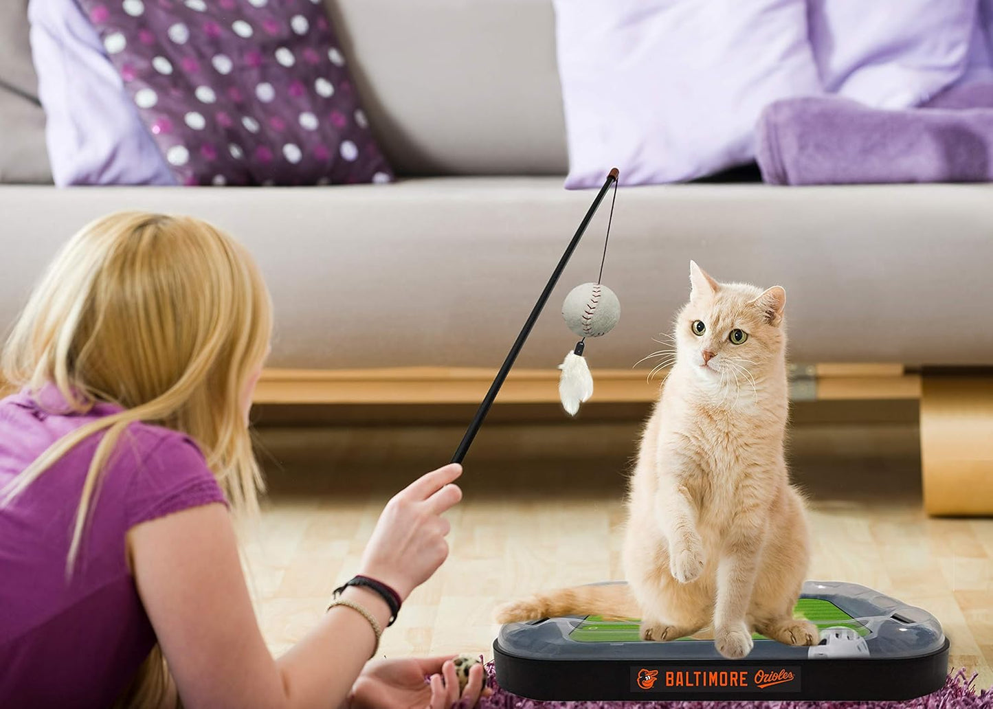 Cat Scratching Toy MLB Baltimore Orioles Baseball Field Cat Scratcher Toy with Interactive Cat Ball Bell in Tracks. 5-In-1 CAT Toy: Cat Wand Poll with Catnip Filled Plush Baseball & Feathers.
