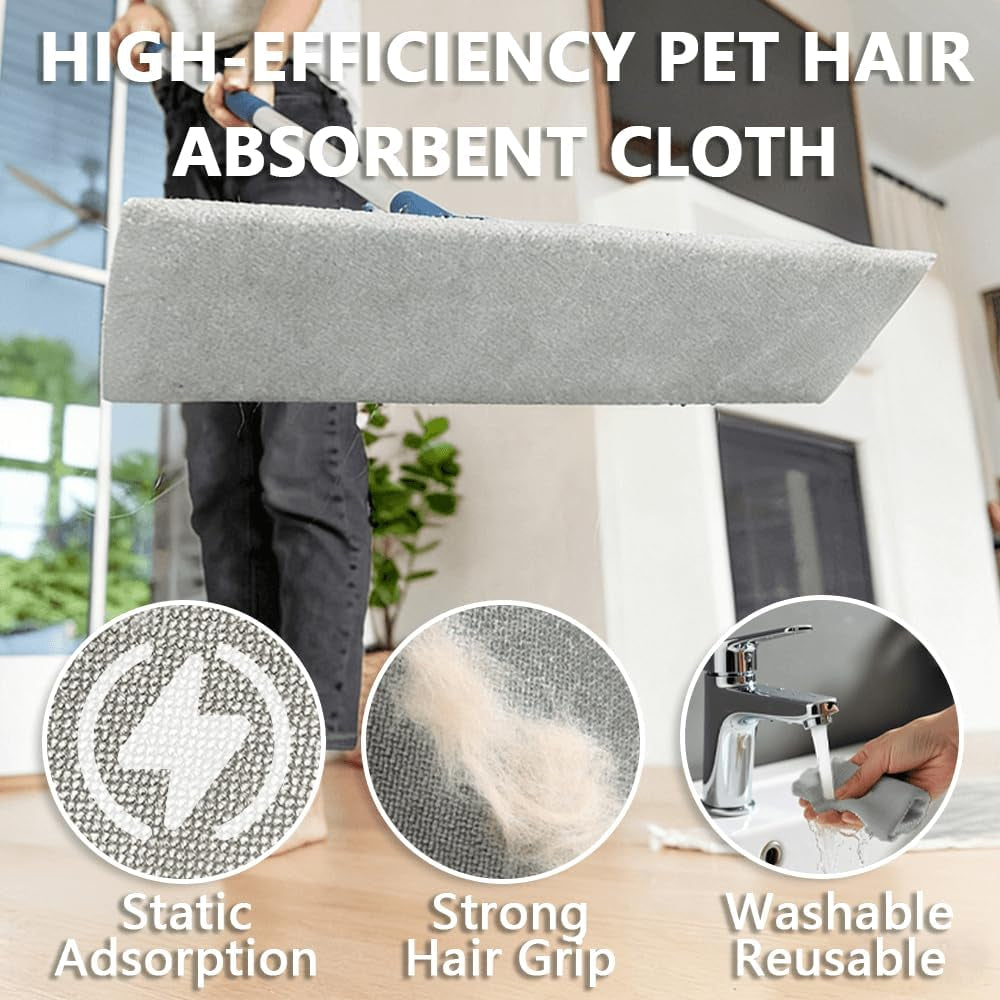 Electrostatic Dust Clip-On Mop for Pet Hair, 57" Adjustable Long Handle, 360° Rotating Head, 2 Reusable Static Cloths, 2 Microfiber Cloths & 1 Scraper, Ideal for Pet Loose Hair & Daily Dust Cleaning