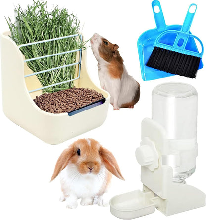 Rabbit Hay Food Bin Feeder and Bunny Water Bottle Set, Hay Food Feeder Bowls Manger Rack with 500Ml Hanging Water Dispenser Prevent Knock over for Rabbit Guinea Pig Chinchilla (Large, White)