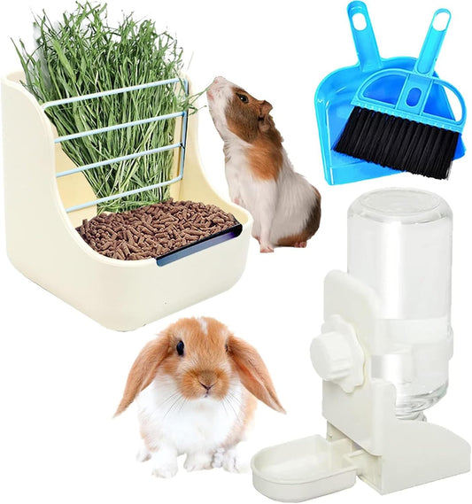Rabbit Hay Food Bin Feeder and Bunny Water Bottle Set, Hay Food Feeder Bowls Manger Rack with 500Ml Hanging Water Dispenser Prevent Knock over for Rabbit Guinea Pig Chinchilla (Large, White)