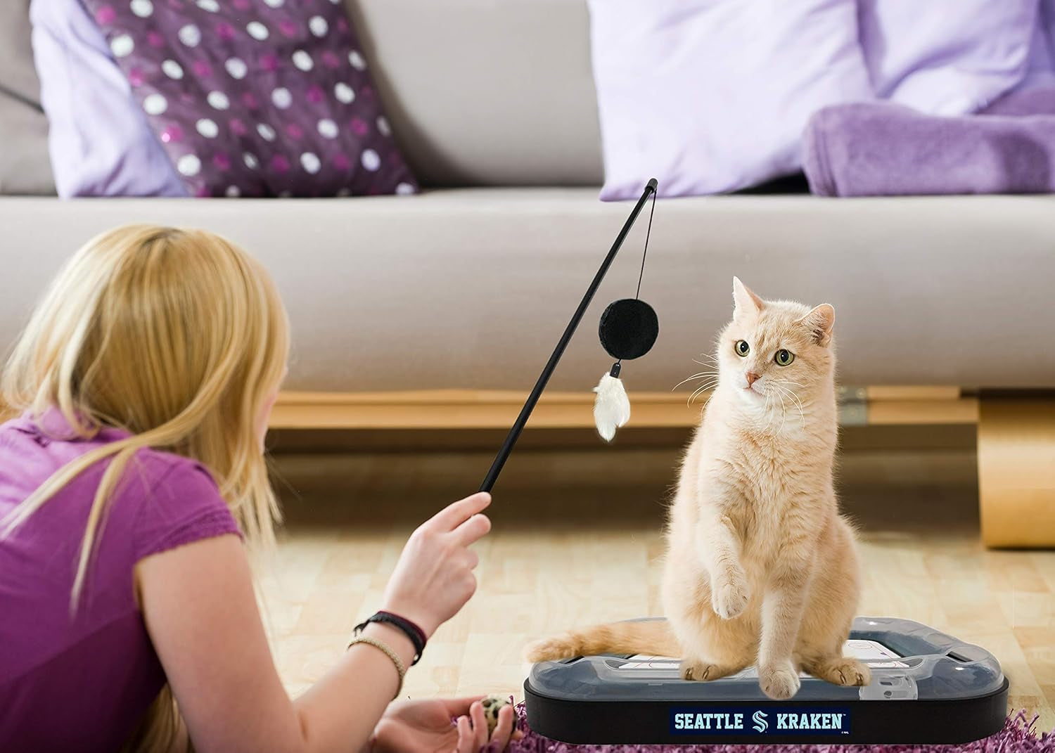 Cat Scratching Toy Hockey Field ICE HOCKEY RINK Cat Scratcher Toy with Interactive Cat Ball Bell in Tracks. 5-In-1 CAT TOY: Cat Wand Poll, CATNIP FILLED Plush Hockey Puck & Feathers