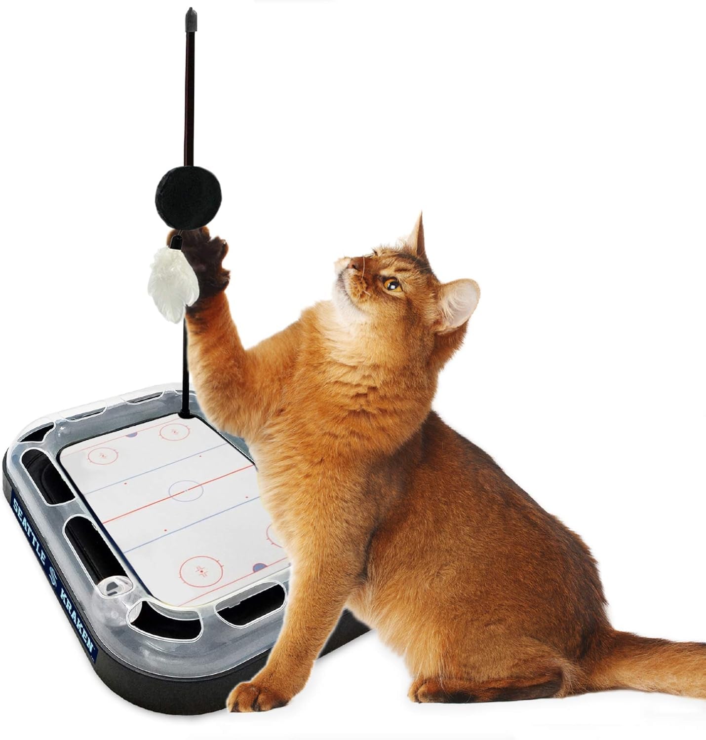 Cat Scratching Toy Hockey Field ICE HOCKEY RINK Cat Scratcher Toy with Interactive Cat Ball Bell in Tracks. 5-In-1 CAT TOY: Cat Wand Poll, CATNIP FILLED Plush Hockey Puck & Feathers