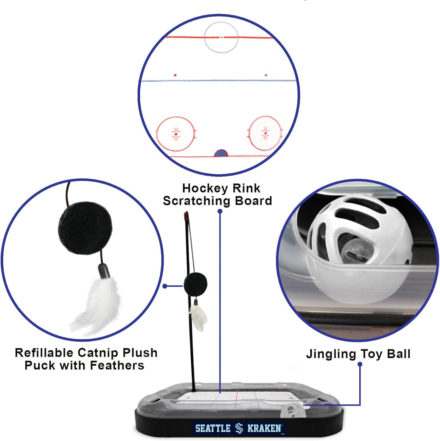 Cat Scratching Toy Hockey Field ICE HOCKEY RINK Cat Scratcher Toy with Interactive Cat Ball Bell in Tracks. 5-In-1 CAT TOY: Cat Wand Poll, CATNIP FILLED Plush Hockey Puck & Feathers