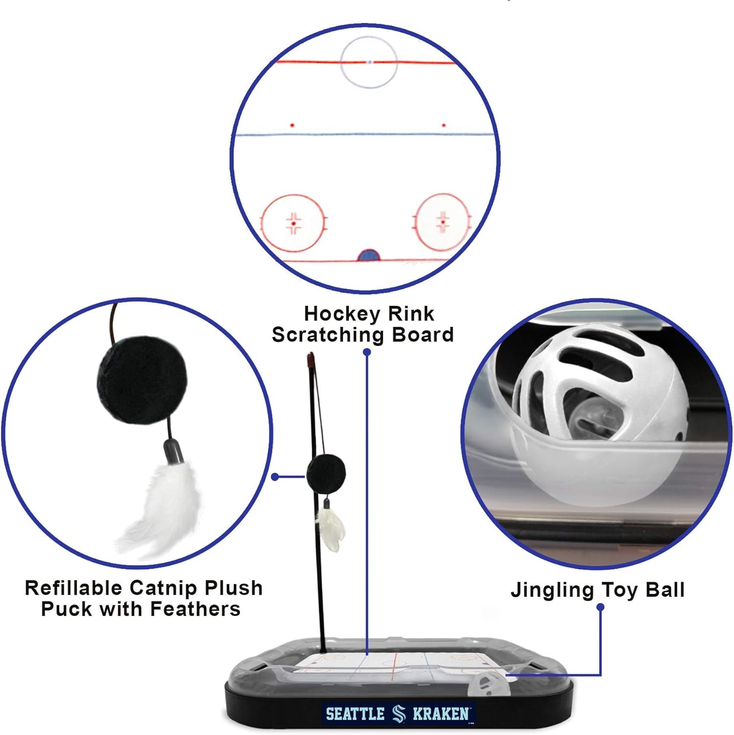 Cat Scratching Toy Hockey Field ICE HOCKEY RINK Cat Scratcher Toy with Interactive Cat Ball Bell in Tracks. 5-In-1 CAT TOY: Cat Wand Poll, CATNIP FILLED Plush Hockey Puck & Feathers