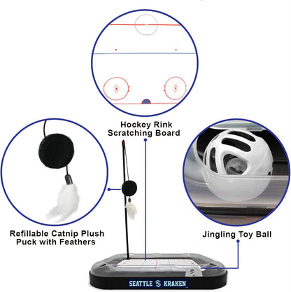 Cat Scratching Toy Hockey Field ICE HOCKEY RINK Cat Scratcher Toy with Interactive Cat Ball Bell in Tracks. 5-In-1 CAT TOY: Cat Wand Poll, CATNIP FILLED Plush Hockey Puck & Feathers