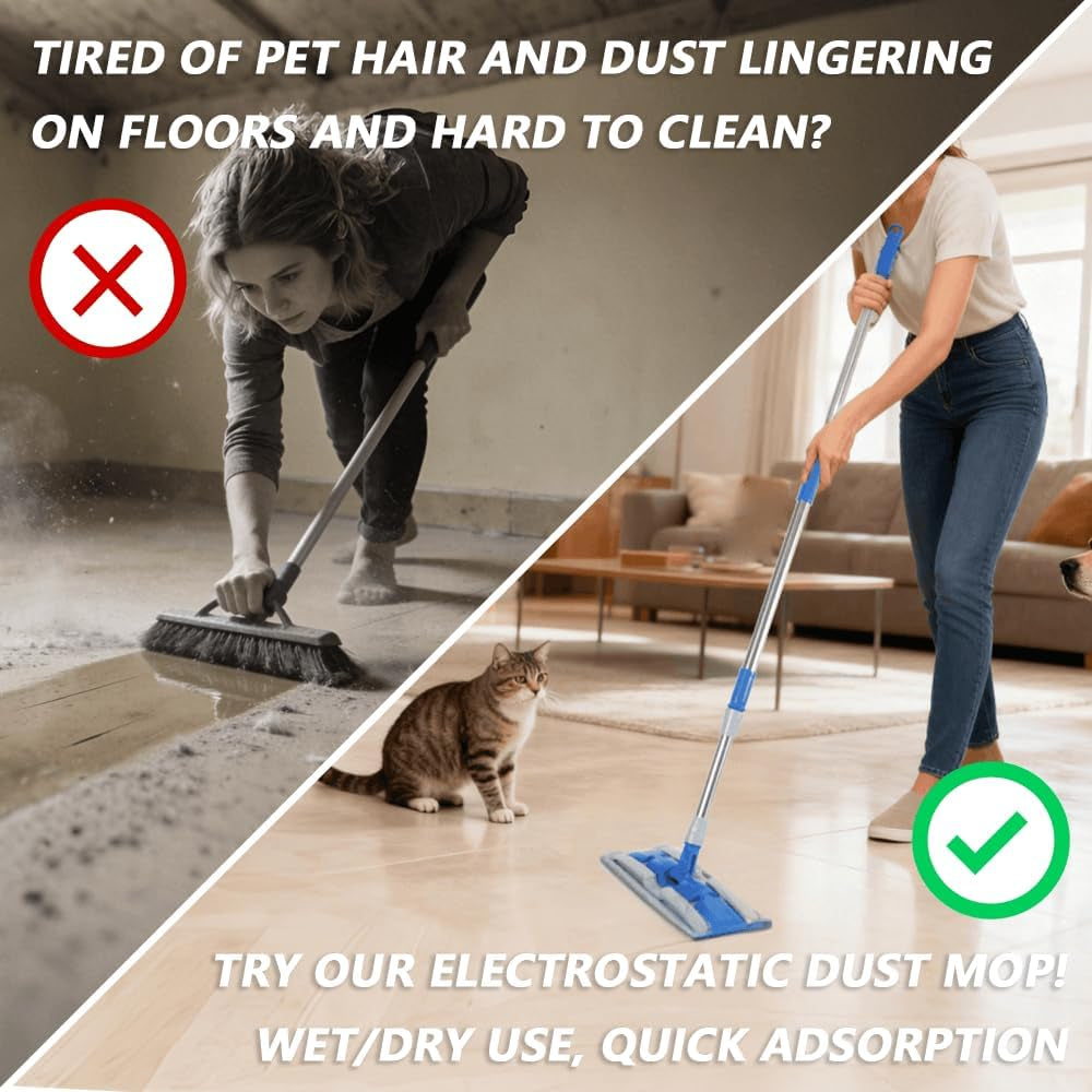 Electrostatic Dust Clip-On Mop for Pet Hair, 57" Adjustable Long Handle, 360° Rotating Head, 2 Reusable Static Cloths, 2 Microfiber Cloths & 1 Scraper, Ideal for Pet Loose Hair & Daily Dust Cleaning