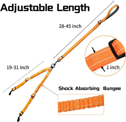 Dual Retractable Dog Leash,Double Dog Leash,Adjustable Tangle Free 360 Swivel Hooks Shock Absorbing Bungee for Two Dogs(Orange,Large)