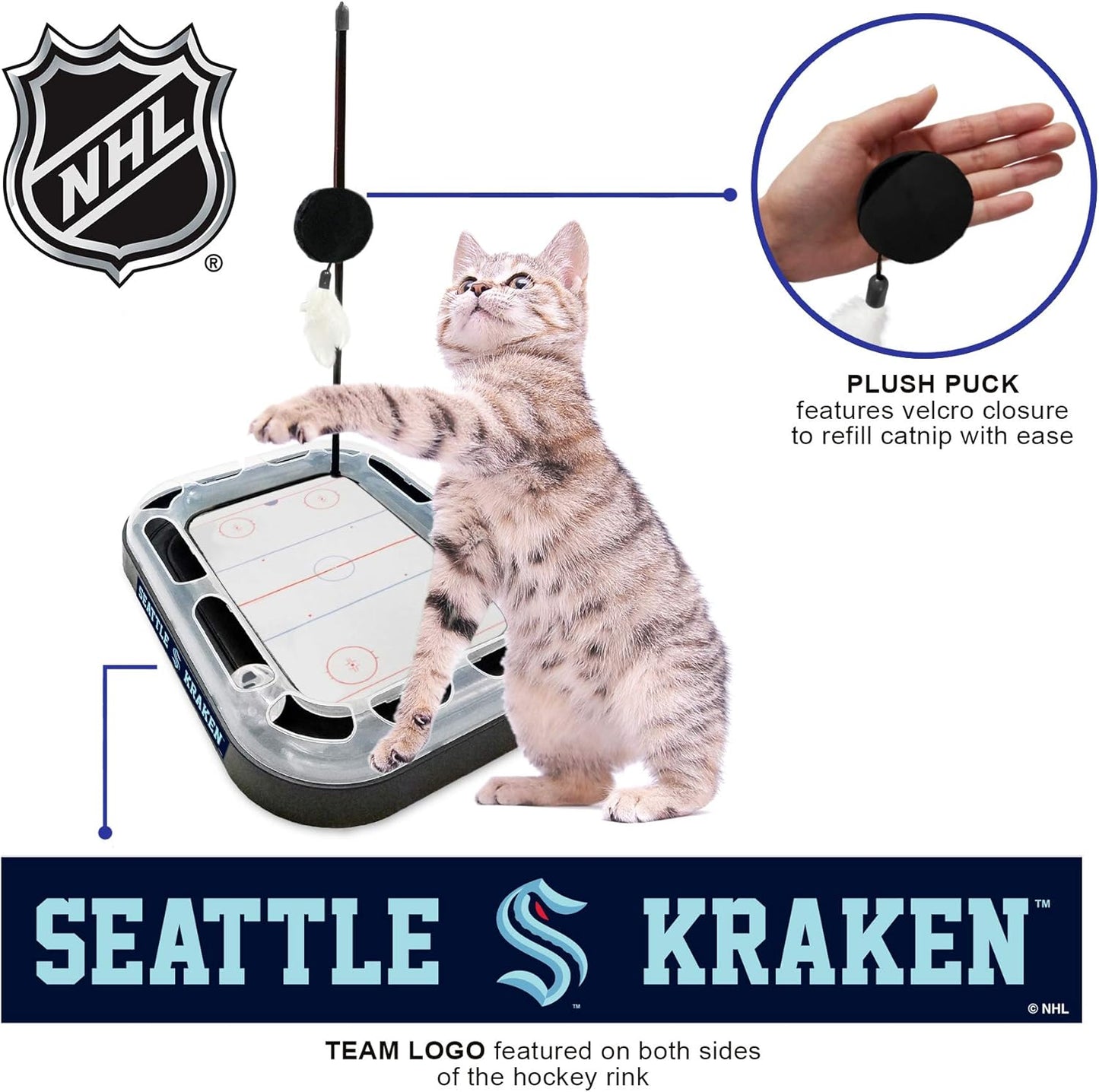 Cat Scratching Toy Hockey Field ICE HOCKEY RINK Cat Scratcher Toy with Interactive Cat Ball Bell in Tracks. 5-In-1 CAT TOY: Cat Wand Poll, CATNIP FILLED Plush Hockey Puck & Feathers
