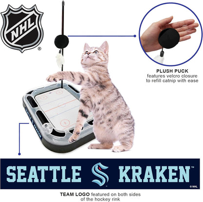 Cat Scratching Toy Hockey Field ICE HOCKEY RINK Cat Scratcher Toy with Interactive Cat Ball Bell in Tracks. 5-In-1 CAT TOY: Cat Wand Poll, CATNIP FILLED Plush Hockey Puck & Feathers