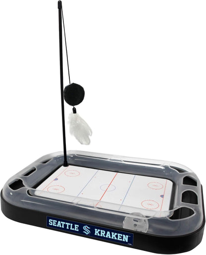 Cat Scratching Toy Hockey Field ICE HOCKEY RINK Cat Scratcher Toy with Interactive Cat Ball Bell in Tracks. 5-In-1 CAT TOY: Cat Wand Poll, CATNIP FILLED Plush Hockey Puck & Feathers
