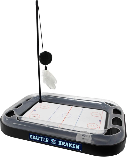 Cat Scratching Toy Hockey Field ICE HOCKEY RINK Cat Scratcher Toy with Interactive Cat Ball Bell in Tracks. 5-In-1 CAT TOY: Cat Wand Poll, CATNIP FILLED Plush Hockey Puck & Feathers