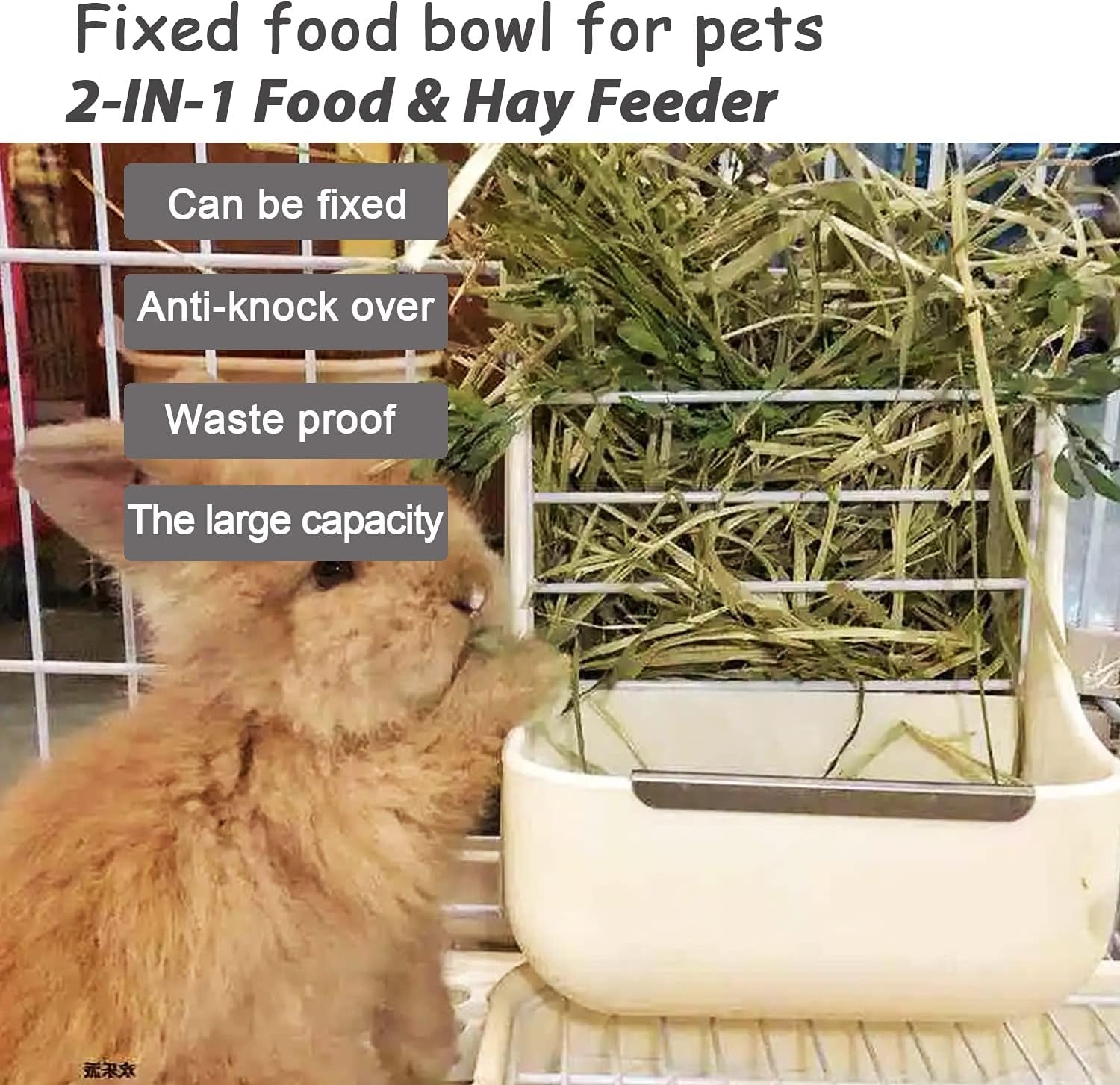 Rabbit Hay Food Bin Feeder and Bunny Water Bottle Set, Hay Food Feeder Bowls Manger Rack with 500Ml Hanging Water Dispenser Prevent Knock over for Rabbit Guinea Pig Chinchilla (Large, White)