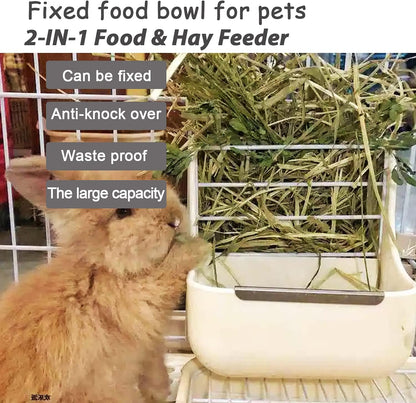 Rabbit Hay Food Bin Feeder and Bunny Water Bottle Set, Hay Food Feeder Bowls Manger Rack with 500Ml Hanging Water Dispenser Prevent Knock over for Rabbit Guinea Pig Chinchilla (Large, White)