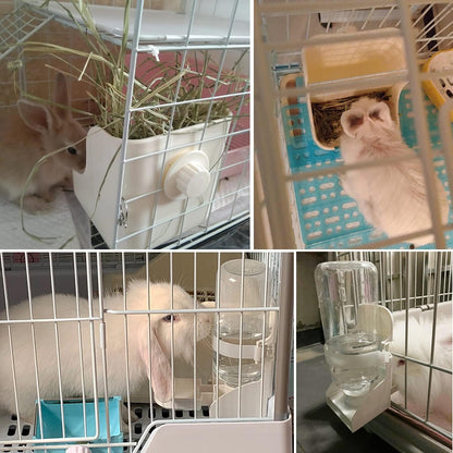 Rabbit Hay Food Bin Feeder and Bunny Water Bottle Set, Hay Food Feeder Bowls Manger Rack with 500Ml Hanging Water Dispenser Prevent Knock over for Rabbit Guinea Pig Chinchilla (Large, White)